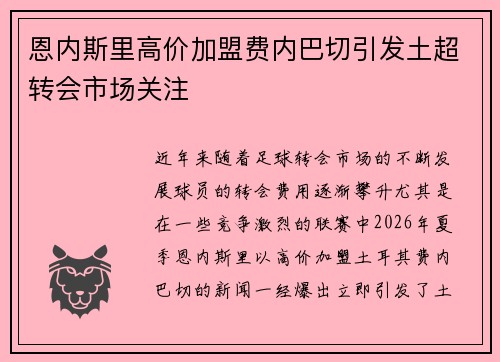 恩内斯里高价加盟费内巴切引发土超转会市场关注 恩内斯里高价加盟费内巴切引发土超转会市场关注