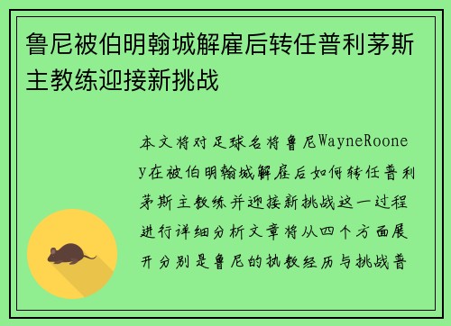 鲁尼被伯明翰城解雇后转任普利茅斯主教练迎接新挑战 鲁尼被伯明翰城解雇后转任普利茅斯主教练迎接新挑战
