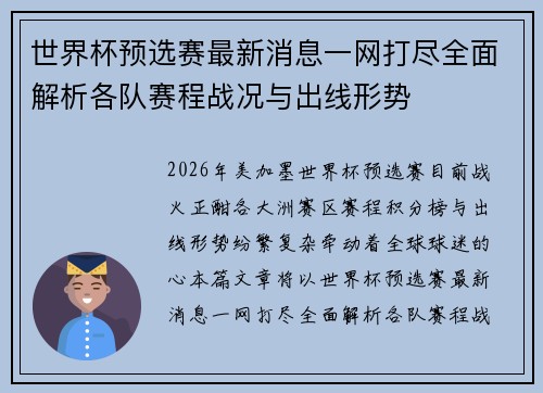 世界杯预选赛最新消息一网打尽全面解析各队赛程战况与出线形势 世界杯预选赛最新消息一网打尽全面解析各队赛程战况与出线形势