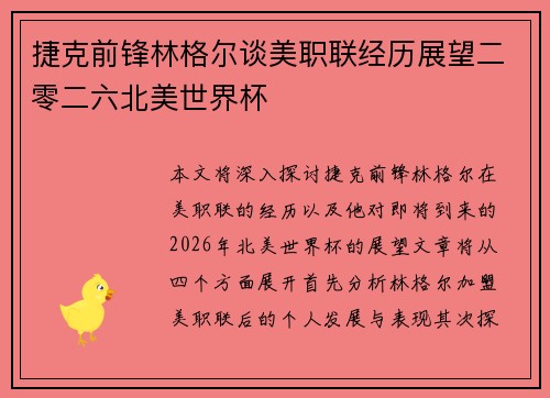 捷克前锋林格尔谈美职联经历展望二零二六北美世界杯