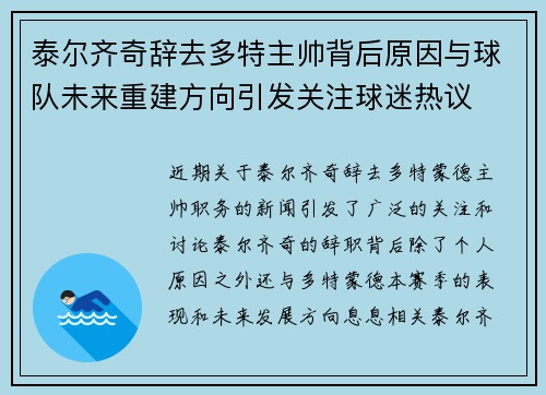 泰尔齐奇辞去多特主帅背后原因与球队未来重建方向引发关注球迷热议