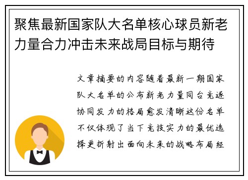 聚焦最新国家队大名单核心球员新老力量合力冲击未来战局目标与期待